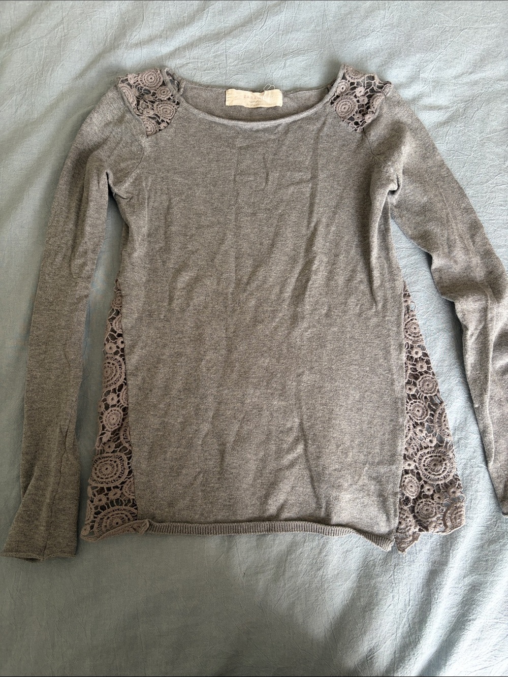 Zara Light Gray Long-Sleeve Knit Top with Lace Insets